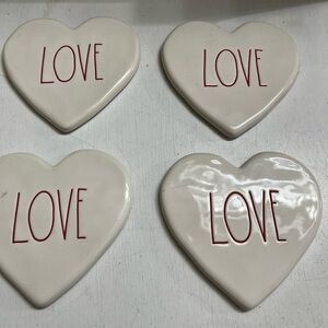 Rae Dunn White Heart Coasters with Red 'Love' Text
